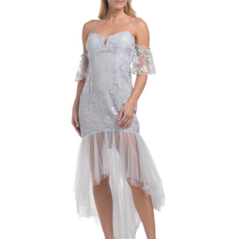 🩵 Selfie Leslie Dusty Blue High Low Dress with removable flutter sleeves